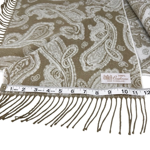 Cashmere Paisley Scarf Shawl with Fringe Beige White England Made Reversible - Picture 9 of 12